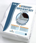 HydraTarp Super Beefy Heavy Duty 16 Mil Tarp packaging, showing reversible white and brown poly tarpaulin with brass grommets.