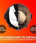Disposable Vacuum Filter Bags For 5-9 Gallon Vacs, Dry Pick Up Only, White Paper, 3 Pack shown in vacuum with and without filter bag comparison