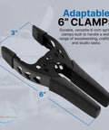 Eight Pack 6 Inch Heavy Duty Beefy Metal Spring Clamps All Black With 2.5 Inch Jaw Opening For DIY Woodworking Carpentry Home Improvement And Industrial Use, close-up on single clamp with dimensions.