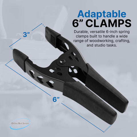 Eight Pack 6 Inch Heavy Duty Beefy Metal Spring Clamps All Black With 2.5 Inch Jaw Opening For DIY Woodworking Carpentry Home Improvement And Industrial Use, close-up on single clamp with dimensions.