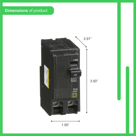 90 Amp Two Pole Circuit Breaker For QO Load Centers And Panel Boards, Plug On Design, 120 240V AC, Thermal Magnetic Overcurrent Protection, Easy To Install, Compatible With QO Load Centers CSEDs And NQOD Panels, showing dimensions 3.50 x 2.91 x 1.50 inches.