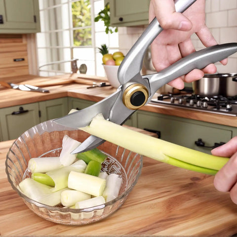 Heavy Duty Kitchen Scissors With Non Slip Handle And Auto Unlock For Cutting Meat Poultry Roasts Turkey And Fish Serrated Stainless Steel Blades With Ergonomic Grip Tough Yet Easy To Use Everyday Kitchen Tool cutting vegetables