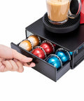 Black Metal Coffee Pod Drawer Organizer For Vertuo Nespresso Holds 30 Pods With Mesh Shelves 3 Columns Of 10 For Quick Access in use