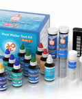 No Sweat 9 In 1 Pool And Hot Tub Test Kit featuring colorful reagents, analysis cups, and a testing chart for chemistry checks.