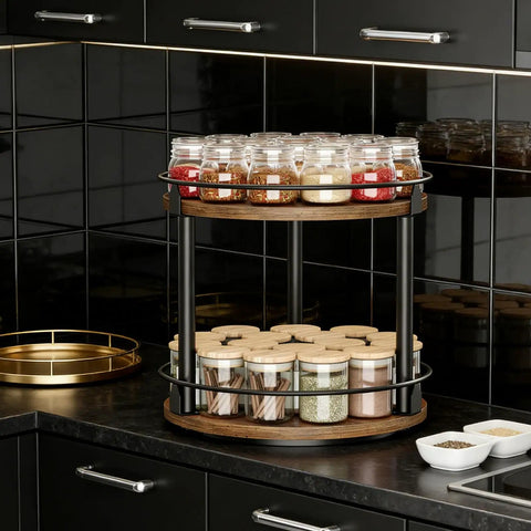 Two-Tier Lazy Susan Turntable Organizer For Cabinets And Pantries, 360 Degree Rotating Wood Kitchen Shelf Carousel with spices