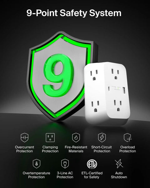 Image of Six Outlet Surge Protector Power Strip With USB C And USB A Ports For PD Fast Charge ETL Listed Wall Mountable 1680 Joules Of Protection showing 9-point safety system features, including overcurrent and overload protection.