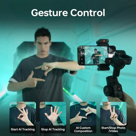 Individual using Smooth 5S AI Combo 3 Axis Gimbal Stabilizer For iPhone 15 Pro Max and Android with gesture control.