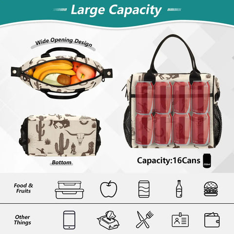 Western Cowboys Desert Insulated Lunch Bag For Men And Women All Day Chill On The Go Lunch Box Leakproof Cooler Tote with fruits and cans