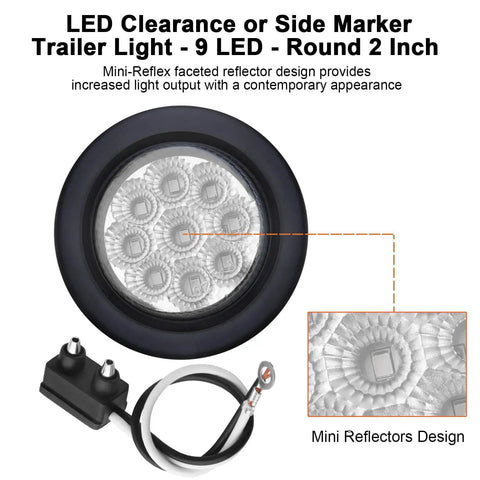 Close-up of Ten Pack Two Inch Round Red LED Trailer Side Marker Lights Kit With Clear Lenses and Wiring, showing reflector design.