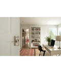 Keyless Entry Door Lock With Lever Handle In Satin Nickel Finish Electronic Keypad With Auto Lock And Flex Lock Option No Key Fumbling And Supports Up To 19 Access Codes Plus 2 Pre Set Codes For Quick Entry installed on a white door
