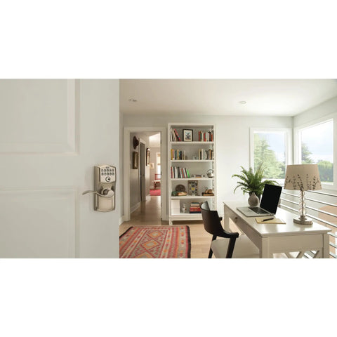 Keyless Entry Door Lock With Lever Handle In Satin Nickel Finish Electronic Keypad With Auto Lock And Flex Lock Option No Key Fumbling And Supports Up To 19 Access Codes Plus 2 Pre Set Codes For Quick Entry installed on a white door