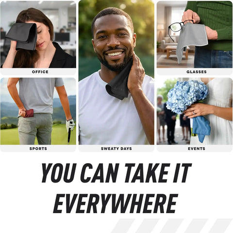 Pocket Sized Sweat Towels For Face Hands And Body On The Go Quick Dry Microfiber Handkerchiefs Sweat Wicking And Absorbent Built For Men And Women Gym Sports And Work Black 5 Pack used by people in office, sports, and events settings.