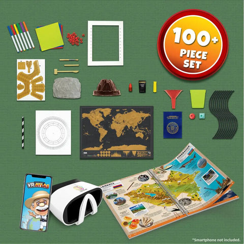 VR Atlas World Explorer Science Kit For Kids 8 To 12 - Totally Immersive AR Learning With A 144 Page Illustrated World Atlas, Hands-On Projects And Global Landmarks, Cultures, Currency And Cuisine. 100+ piece kit laid out with atlas, VR goggles, phone app, maps and craft parts