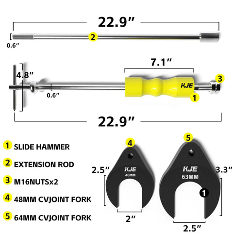 CV Axle Removal Tool And Puller Kit With 50mm And 64mm Forks, Slide Hammer, 4 Piece CV Joint Fork Set with size labels