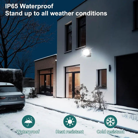 Ultra Bright 200W LED Flood Light With Dusk To Dawn Photocell illuminating snowy house exterior