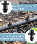 Close-up of 100 Pack Drip Irrigation End Plugs For Quarter Inch Tubing installed on garden drip line showing small and large ends in use.