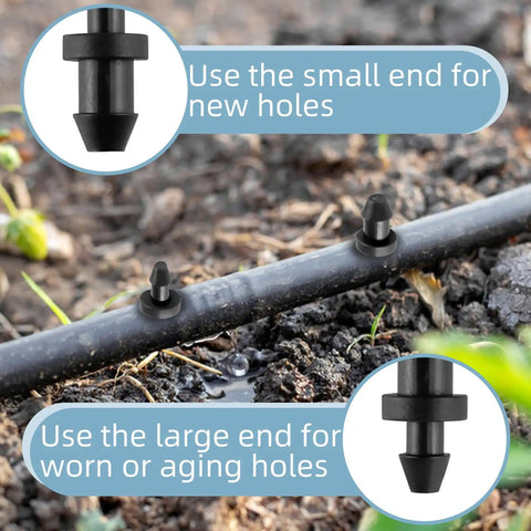 Close-up of 100 Pack Drip Irrigation End Plugs For Quarter Inch Tubing installed on garden drip line showing small and large ends in use.