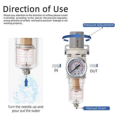 LNCHKA pneumatic air regulator with filter and water separator, 1/4 in NPT, metal bracket, manual drain