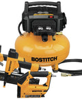 Top Shelf 6 Gallon Electric Air Compressor With Oil Free Pancake Tank And 150 Psi Pressure combined with three-piece tool kit.