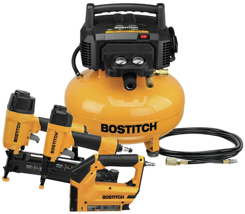 Top Shelf 6 Gallon Electric Air Compressor With Oil Free Pancake Tank And 150 Psi Pressure combined with three-piece tool kit.
