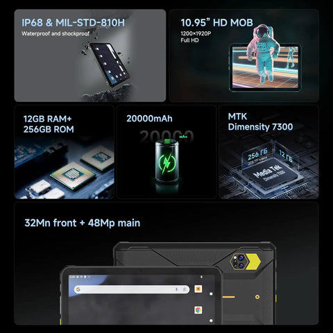 Hardcore Rugged Tablet With 10.95 Inch Screen Running Android 15 Packing 20 GB Ram And 256 GB Storage showing IP68 rating and features