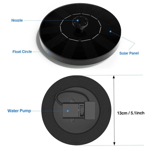Sun Powered Water Fountain Pump For Ponds, Bird Baths And Gardens, 1W Solar Fountain With Auto Start In 3 Seconds, top view of pump