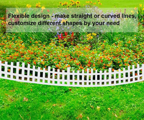 Arched White Garden Edging 33 Feet Long With 60 Plastic Stakes Flexible No Dig Lawn Border in front of colorful flower bed.