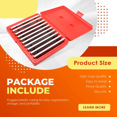 Ten Pairs One Eighth Inch By Six Inch Precision Parallel Steel Sets For Machinists Pro Grade Quality With Ultra Tight Plus Or Minus Two Ten Thousandths Inch Accuracy From Half Inch To One And Five Eighths Inch in red storage case