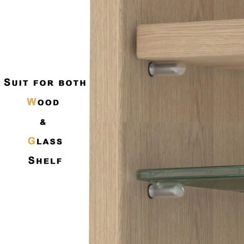 Close-up of Heavy Duty Stainless Steel Shelf Pegs And Pins 5mm And Quarter Inch Dual Diameter One Inch Long Rust Proof Cabinet Support Clips in use with glass shelf.