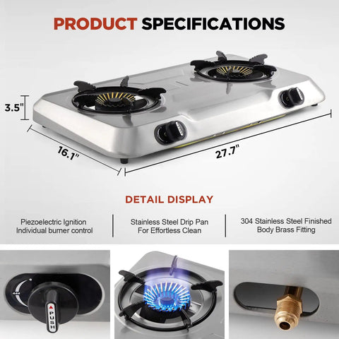 Two Burner Portable Propane Gas Stove With Auto Ignition Stainless Steel Cooktop 19000 BTU Hr High Heat No Fuss Start