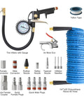 19 Piece Air Compressor Accessories Kit With 25 Foot Recoil Poly Hose 150 PSI Tire Inflator Gauge Heavy Duty Blow Gun And Nozzles