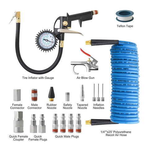 19 Piece Air Compressor Accessories Kit With 25 Foot Recoil Poly Hose 150 PSI Tire Inflator Gauge Heavy Duty Blow Gun And Nozzles