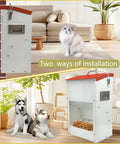 Heavy Duty Gravity Automatic Pet Feeder Galvanized Steel Food Trough Auto Refill Dispenser with installation examples for cats and dogs.