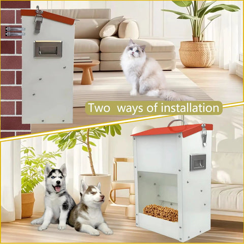 Heavy Duty Gravity Automatic Pet Feeder Galvanized Steel Food Trough Auto Refill Dispenser with installation examples for cats and dogs.