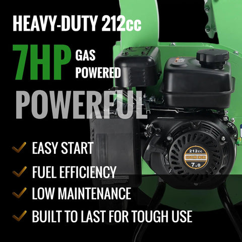 Beast Mode Gas Powered Wood Chipper Shredder Mulcher with 7 HP 212cc engine, highlighting easy start and durability features.