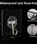 Heavy Duty Adhesive Hooks 12 Pack Holds Up To 13 Lbs Each Waterproof No Nail Wall Hangers shown with measurements and materials.