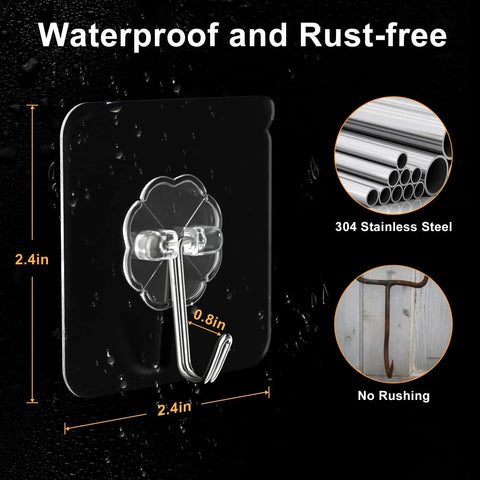 Heavy Duty Adhesive Hooks 12 Pack Holds Up To 13 Lbs Each Waterproof No Nail Wall Hangers shown with measurements and materials.