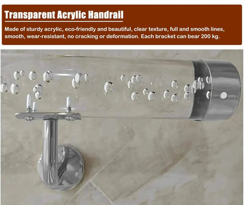 Built Like A Tank Clear Acrylic Stair Railing Kit With Heavy Duty Silver Brackets And Scratch Resistant End Caps For Indoor Outdoor Steps No Sweat Setup Safety Handrail And Modern Balusters 18 Foot Run close up of transparent acrylic handrail with silver brackets.
