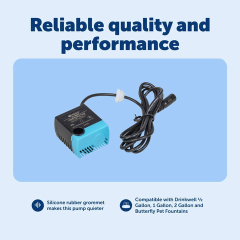 Drinkwell Replacement Pump, Quiet OEM Upgrade With Power Adapter, silicone rubber grommet, fits various Drinkwell Fountains