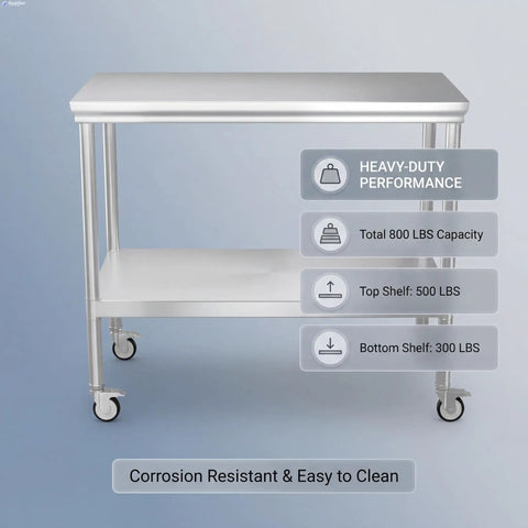 Beefy Stainless Steel Pulley Workbench With Casters, Heavy Duty Prep Table With Lower Shelf For Restaurants, Garages, And Outdoor BBQs