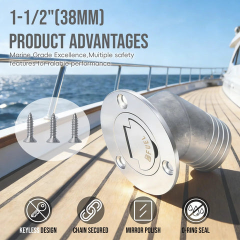 Boat fuel deck fill, 1-1/2 (38mm), 316 stainless, mirror-polished neck with keyless cap, mounted on boat deck