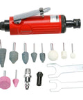 Shop Grade 1/4 Inch Pneumatic Straight Die Grinder With 22000 RPM Rapid Spin and various grinding bits for metal and wood surfaces.
