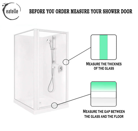 Shower installation guide showing measurement details for Shower Door Bottom Seal With Drip Rail For 1/2 Inch Glass, 36 Inch Sweep.