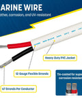 50 Foot Heavy Duty Duplex Marine Wire 12 Gauge Oxygen Free Tinned Copper Boat Wiring With White PVC Jacket And Red And Black Conductors