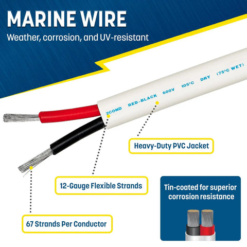 50 Foot Heavy Duty Duplex Marine Wire 12 Gauge Oxygen Free Tinned Copper Boat Wiring With White PVC Jacket And Red And Black Conductors