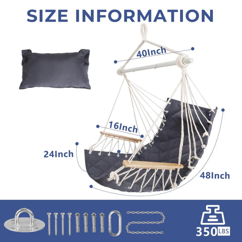 Cozy Hammock Chair Swing With Wooden Armrests, Sturdy Steel Spreader Bar, Plush Back Pillow, Hardware Kit Included