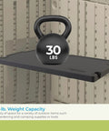 Vertical Shed Shelf Kit For Outdoor Storage, Space Saving Organizer With 30 Pound Capacity, Black Finish, supporting a kettlebell