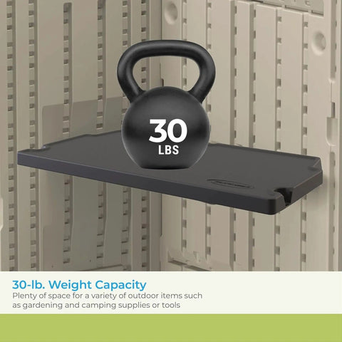 Vertical Shed Shelf Kit For Outdoor Storage, Space Saving Organizer With 30 Pound Capacity, Black Finish, supporting a kettlebell