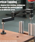 Precision Cantilever Tapping Arm For Hand Drill With Flexible Vertical Tap Guide Heavy Duty Aluminum Build in use, showing 360-degree rotation.