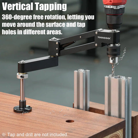Precision Cantilever Tapping Arm For Hand Drill With Flexible Vertical Tap Guide Heavy Duty Aluminum Build in use, showing 360-degree rotation.